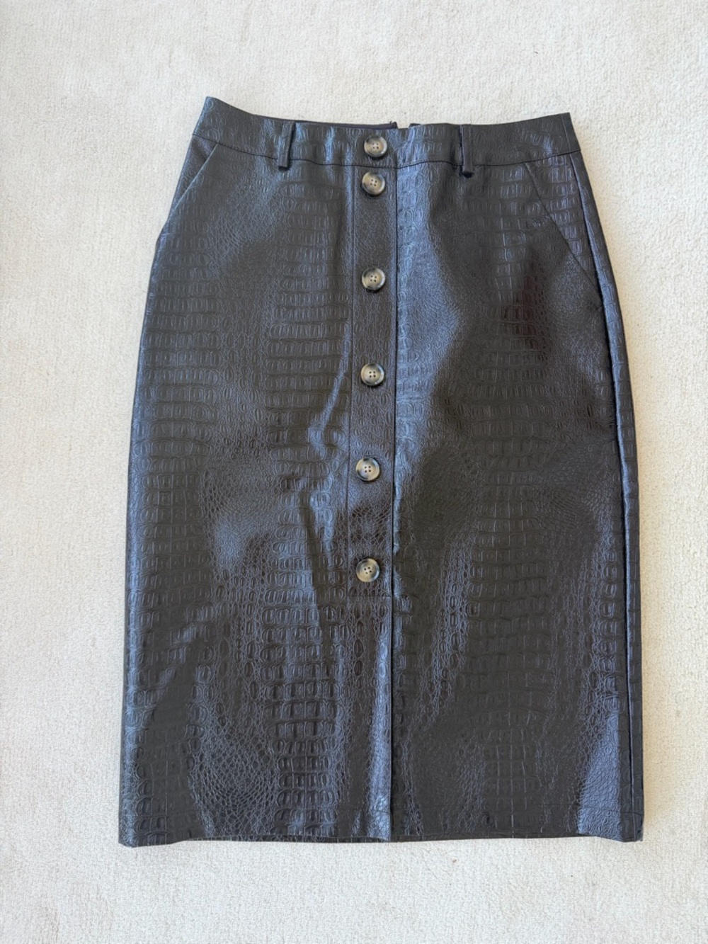 Black Faux Croc-Embossed Button-Front Pencil Skirt